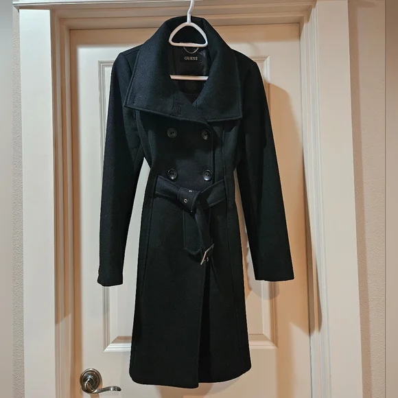Guess Double Breast Wool Blend Coat Heavyweight Funnel Neck Belt Siz 6 Black EUC - Picture 15 of 15